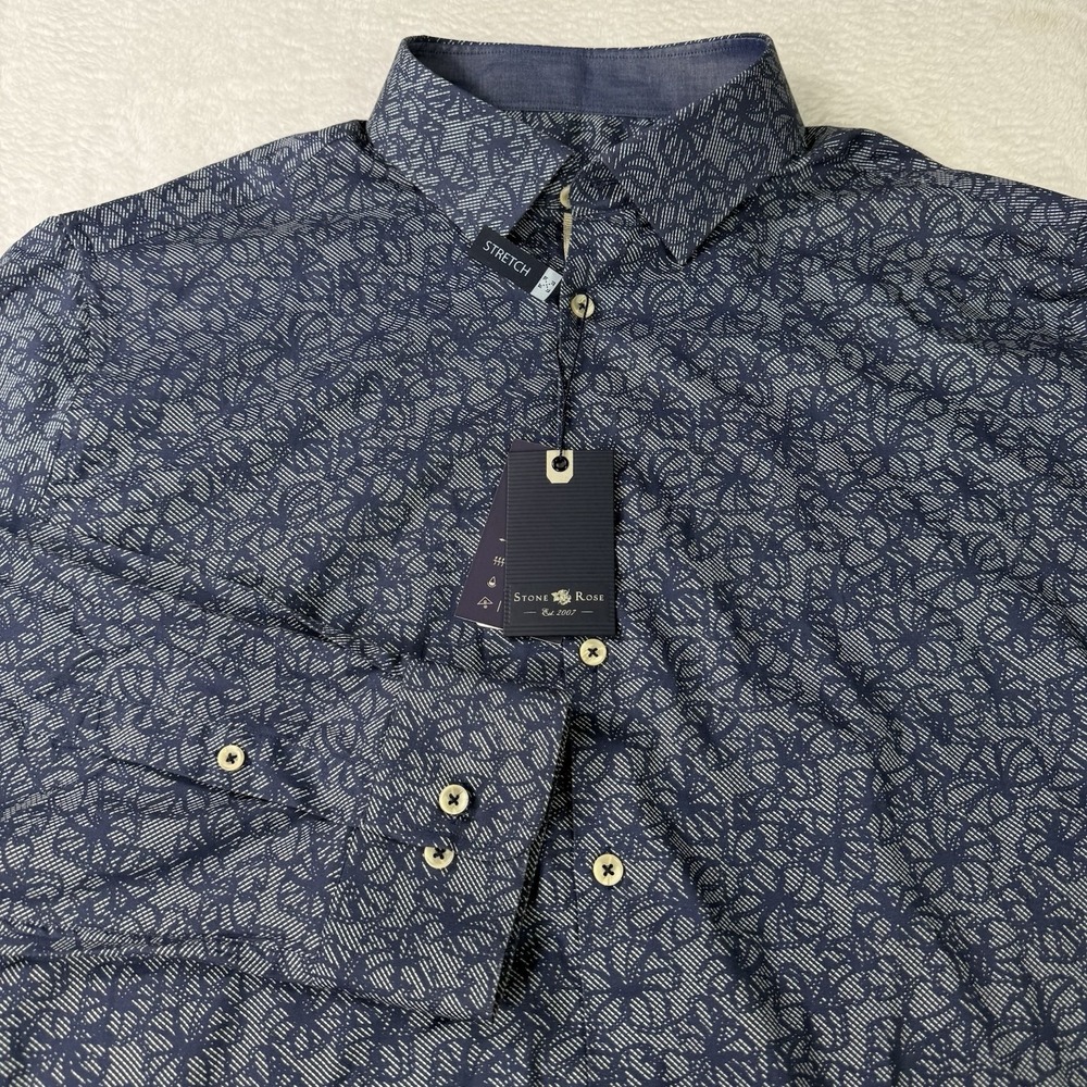 STONE ROSE Shirt Mens 3XL Blue Performance Stretch Geometric Dress $148 NWT